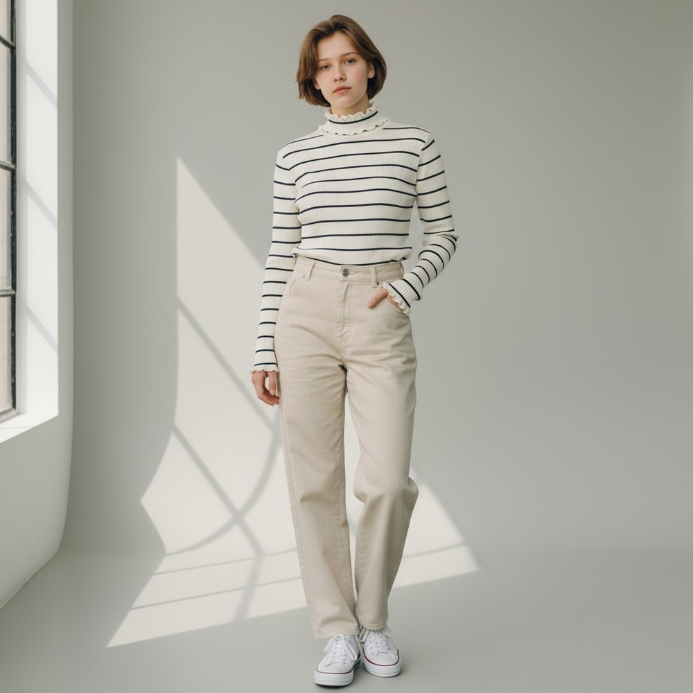 J Crew Size Medium Striped Ribbed Ruffle Turtleneck Women Lettuce Edge Sleeves